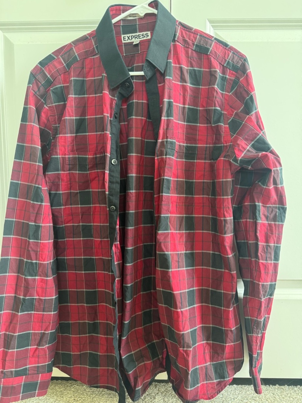 Express Red and Black Plaid Button-Down Shirt